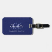 Navy Blue Leder White Monogram Name Gepäckanhänger (Vorderseite horizontal)