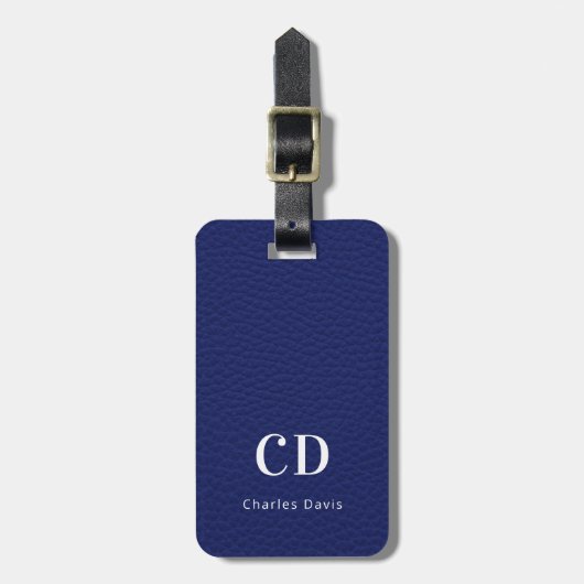 Navy Blue Leder White Monogram Name Gepäckanhänger (Vorderseite vertikal)