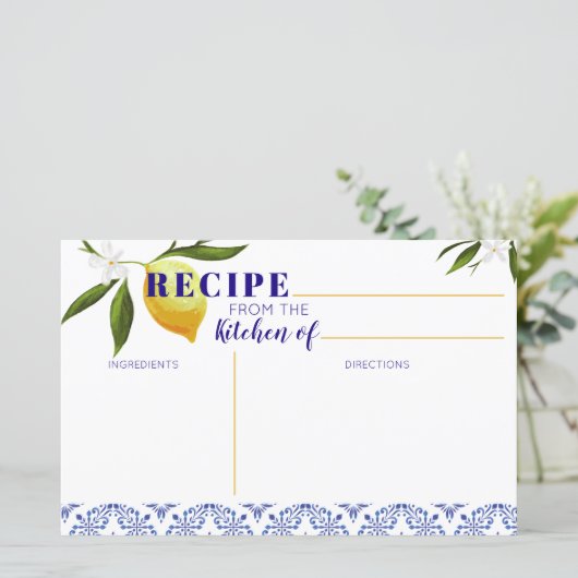 Navy Blue & Lemon Brautparty Rezept Karte (Stehend Vorderseite)