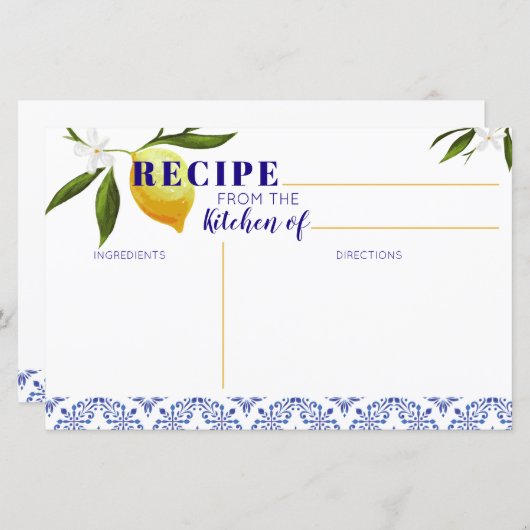 Navy Blue & Lemon Brautparty Rezept Karte (Vorne/Hinten)