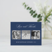 Navy Blue Liebe und Dank Hochzeit 3-Foto-Vorlage Postkarte (Stehend Vorderseite)