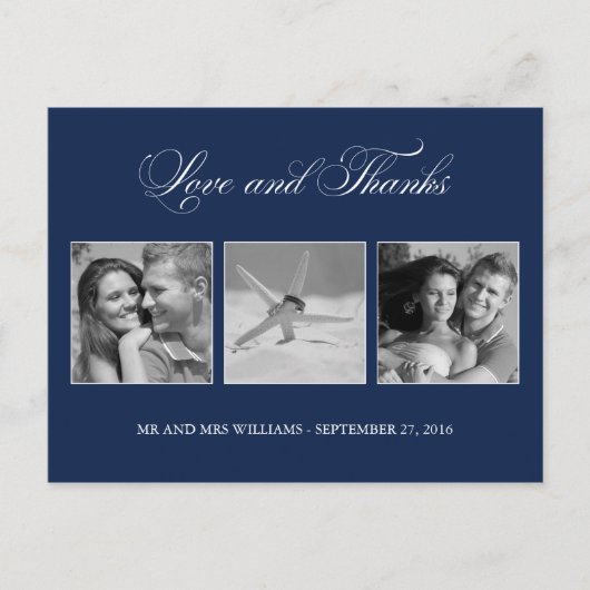 Navy Blue Liebe und Dank Hochzeit 3-Foto-Vorlage Postkarte (Vorderseite)