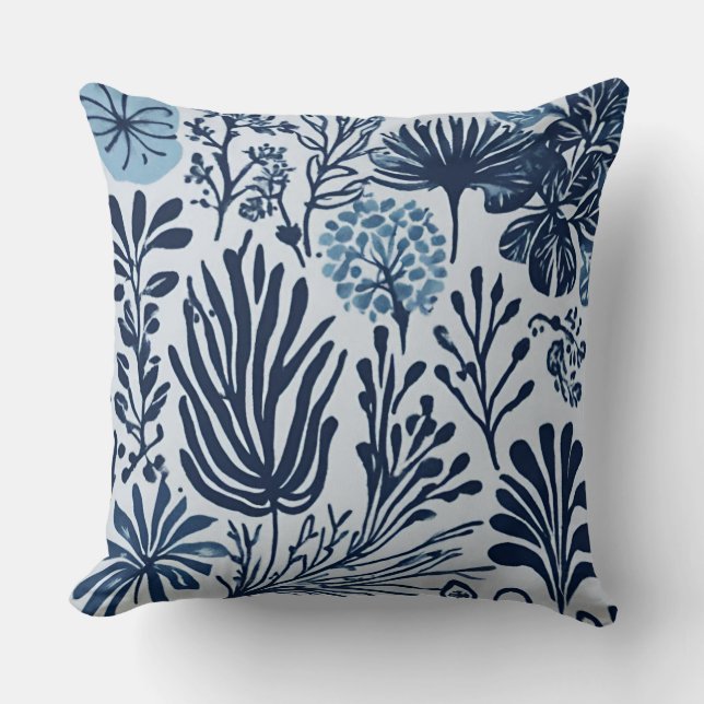 Navy Blue Light Blue Botanic Design Kissen (Vorderseite)