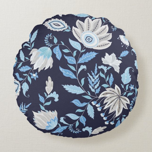 Navy Blue & Light Blue Mandala Print Round Pillow Rundes Kissen (Vorderseite)