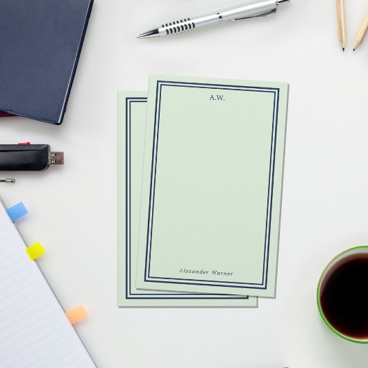 Navy Blue & Light Green Mit Monogramm Briefpapier