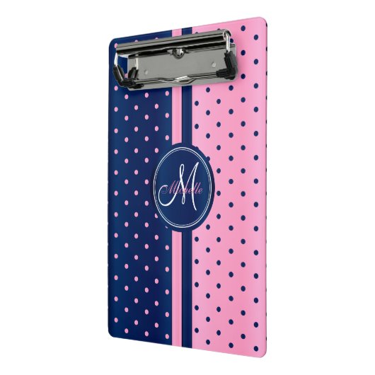 Navy Blue & Light Pink Polka Punkte - Monogramm Mini Klemmbrett (Gewinkelt2)