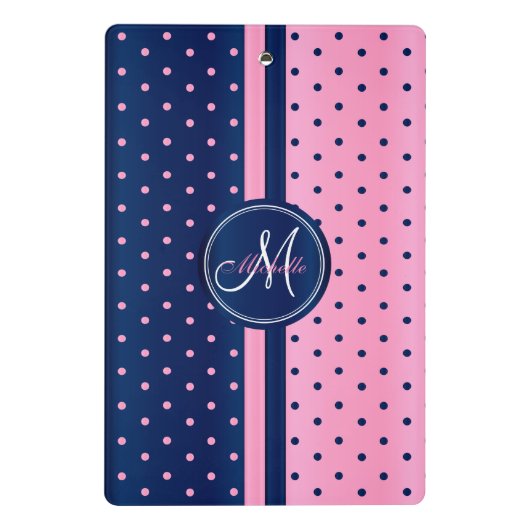 Navy Blue & Light Pink Polka Punkte - Monogramm Mini Klemmbrett (Rückseite)