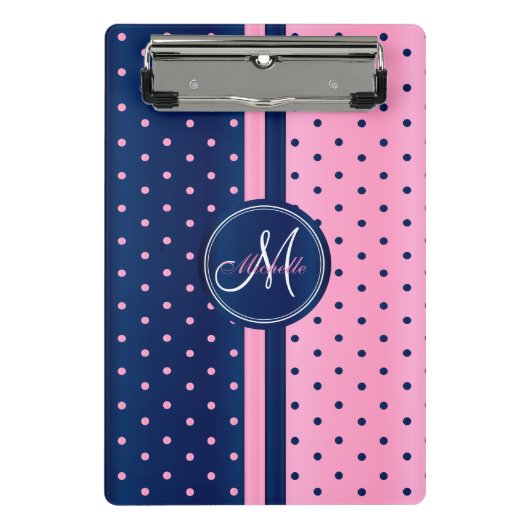 Navy Blue & Light Pink Polka Punkte - Monogramm Mini Klemmbrett (Vorderseite)