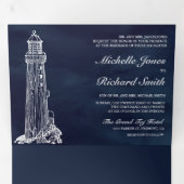 Navy Blue Lighthouse Sailboat Nautical Wedding Dreifach Gefaltete Einladung (Innen Erste Seite)