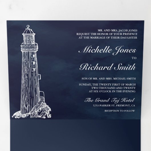 Navy Blue Lighthouse Sailboat Nautical Wedding Dreifach Gefaltete Einladung (Innen Erste Seite)