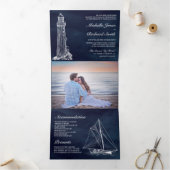 Navy Blue Lighthouse Sailboat Nautical Wedding Dreifach Gefaltete Einladung (Innenseite)