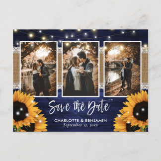 Navy Blue Lights Sonnenblumen 3 Foto Save the Date Ankündigungspostkarte