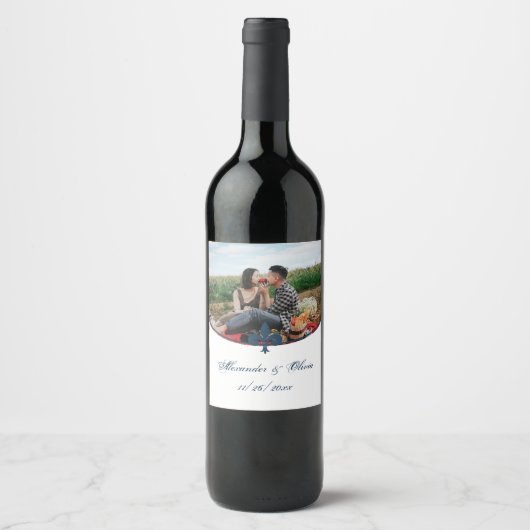 Navy Blue Lilie Foto Wedding Wine Label Weinetikett (Vorderseite)