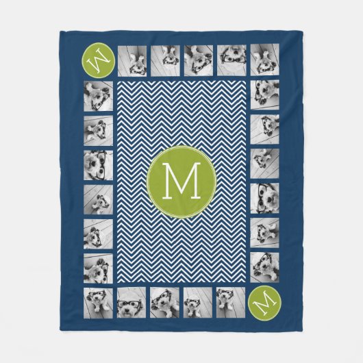 Navy Blue Lime Green Chevrons Custom Monogram Fleecedecke (Vorderseite)