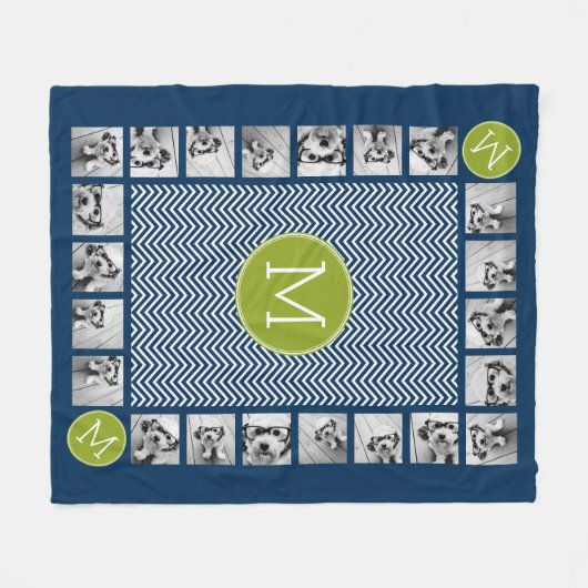 Navy Blue Lime Green Chevrons Custom Monogram Fleecedecke (Vorderseite (Horizontal))