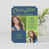 Navy Blue Lime Green Grad Party Einladung (Stehend Vorderseite)