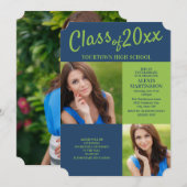 Navy Blue Lime Green Grad Party Einladung (Vorne/Hinten)