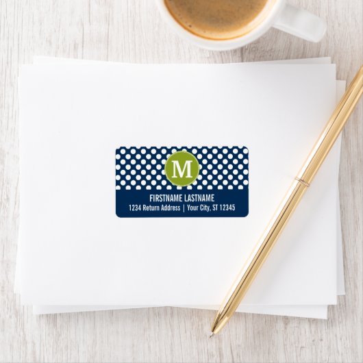 Navy Blue & Lime Green Polka Dots Custom Monogram Adressaufkleber (Insitu)