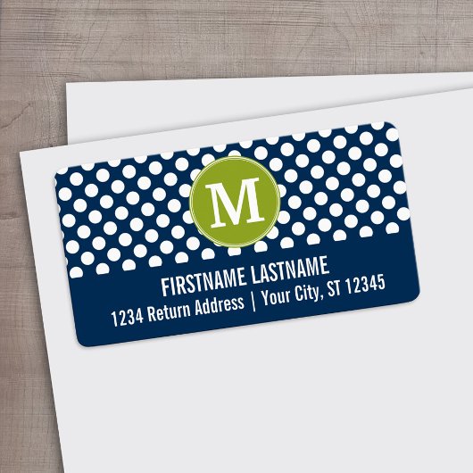 Navy Blue & Lime Green Polka Dots Custom Monogram Adressaufkleber
