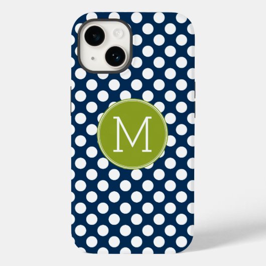 Navy Blue & Lime Green Polka Dots Custom Monogram Case-Mate iPhone Hülle (Rückseite)