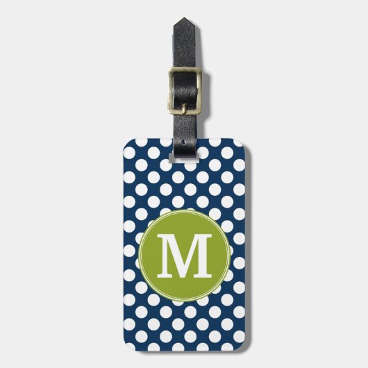 Navy Blue & Lime Green Polka Dots Custom Monogram Gepäckanhänger (Vorderseite vertikal)