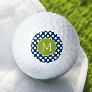 Navy Blue & Lime Green Polka Dots Custom Monogram Golfball