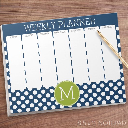 Navy Blue & Lime Green Polka Dots Custom Monogram Notizblock