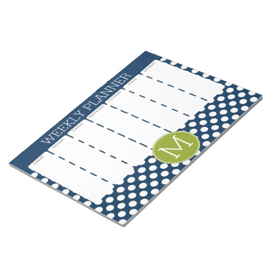 Navy Blue & Lime Green Polka Dots Custom Monogram Notizblock (angewinkelt)