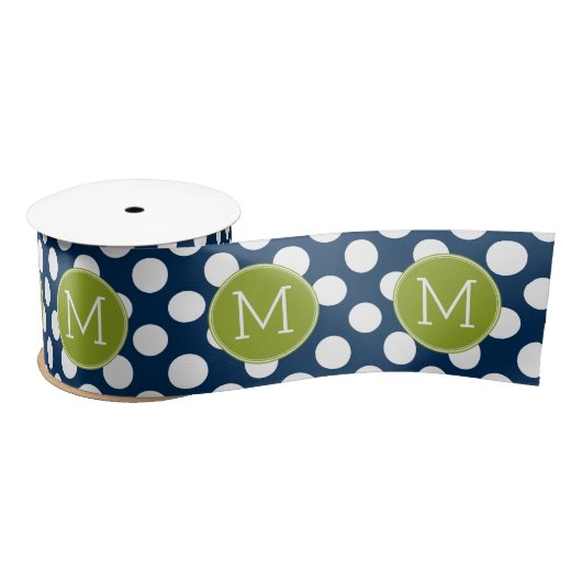 Navy Blue & Lime Green Polka Dots Custom Monogram Satinband (Spule)