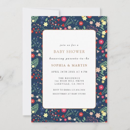 Navy Blue Little Wildblume Frame Baby Dusche Einladung (Vorderseite)