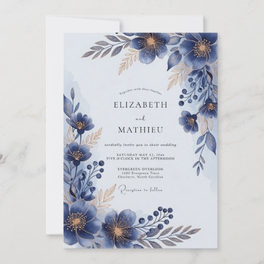 Navy Blue Lustrous Floral Wedding Einladung (Vorderseite)