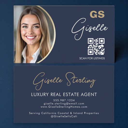 Navy Blue Luxury Real Estate Agent QR Code Photo  Visitenkarte
