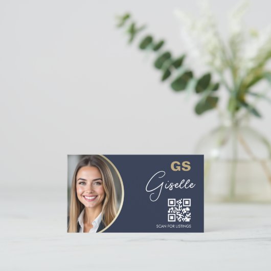 Navy Blue Luxury Realtor QR Code Photo  Visitenkarte (Stehend Vorderseite)