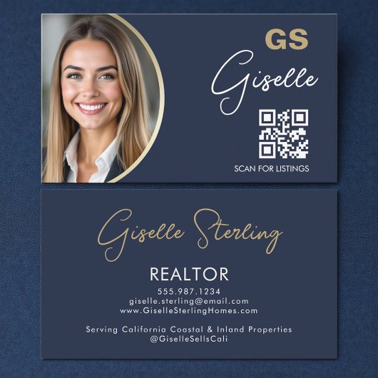 Navy Blue Luxury Realtor QR Code Photo Visitenkarte