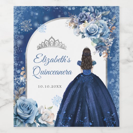 Navy Blue Magic Winter Snowflake Quinceanera Weinetikett (Einzelnes Label)