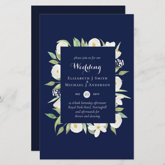 Navy Blue Magnolia Budget Hochzeit lädt A9 ein (Vorne/Hinten)