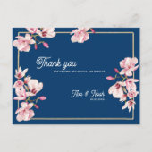 Navy Blue Magnolia Floral Wedding Thank You Postkarte (Vorderseite)