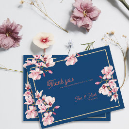 Navy Blue Magnolia Floral Wedding Thank You Postkarte