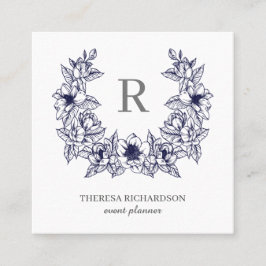 Navy Blue Magnolia Wreath Monogram Social Media Quadratische Visitenkarte