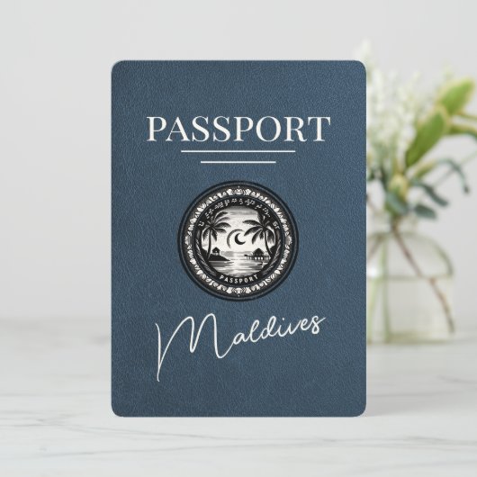 Navy Blue Maldive Passport Save the Date (Stehend Vorderseite)