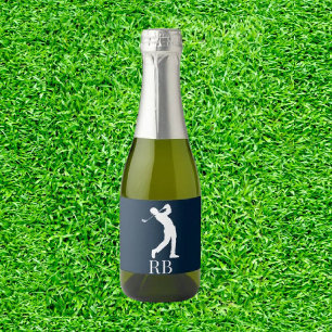 Navy Blue Man Golfer Monogram Schaumweinetikett
