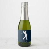 Navy Blue Man Golfer Monogram Schaumweinetikett (Vorderseite)