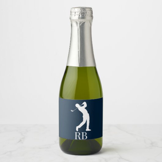 Navy Blue Man Golfer Monogram Schaumweinetikett (Vorderseite)