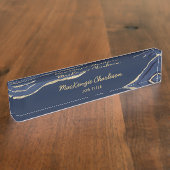 Navy Blue Marble Agate Gold Glitzer Beruflich Namensplakette (Seite)