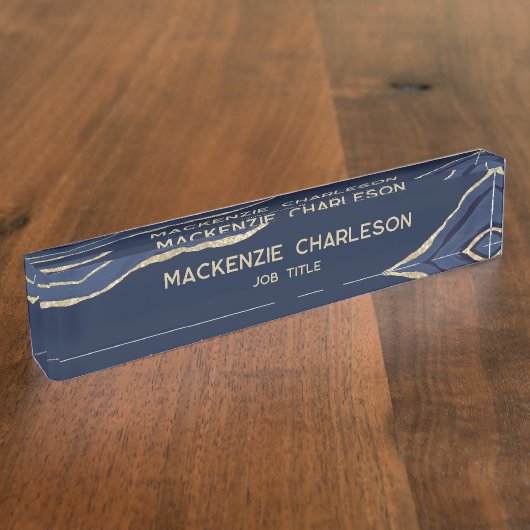Navy Blue Marble Agate Gold Glitzer Beruflich Namensplakette (Seite)
