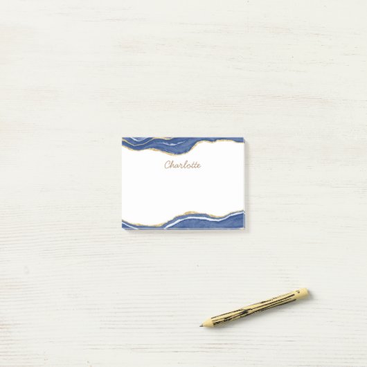 Navy Blue Marble Agate Gold Glitzer Personalisiert Post-it Klebezettel (Auf Schreibtisch)