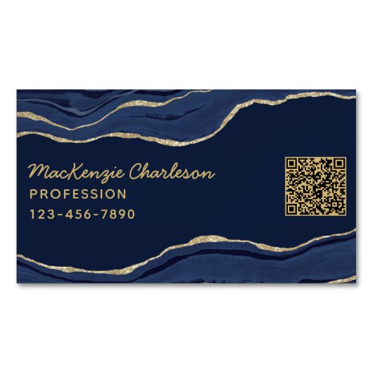 Navy Blue Marble Agate Gold Glitzer QR Code Geode Magnetische Visitenkarte (Vorderseite)