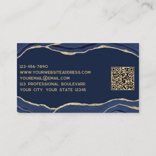 Navy Blue Marble Agate Gold Glitzer QR Code Visitenkarte (Rückseite)