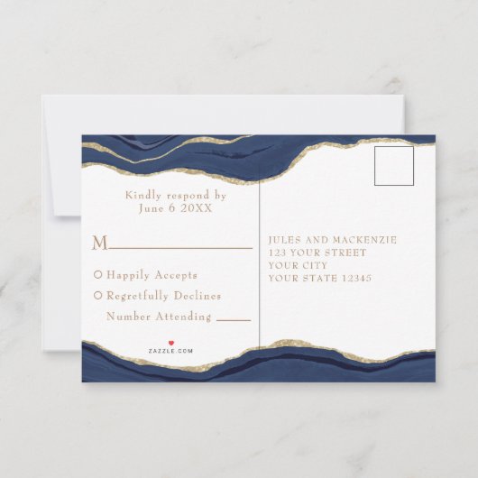 Navy Blue Marble Agate Gold Glitzer Wedding RSVP (Rückseite)