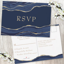 Navy Blue Marble Agate Gold Glitzer Wedding RSVP